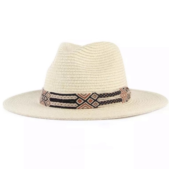 Accessories - Beige Woven Straw Aztec Belted Fedora Hat